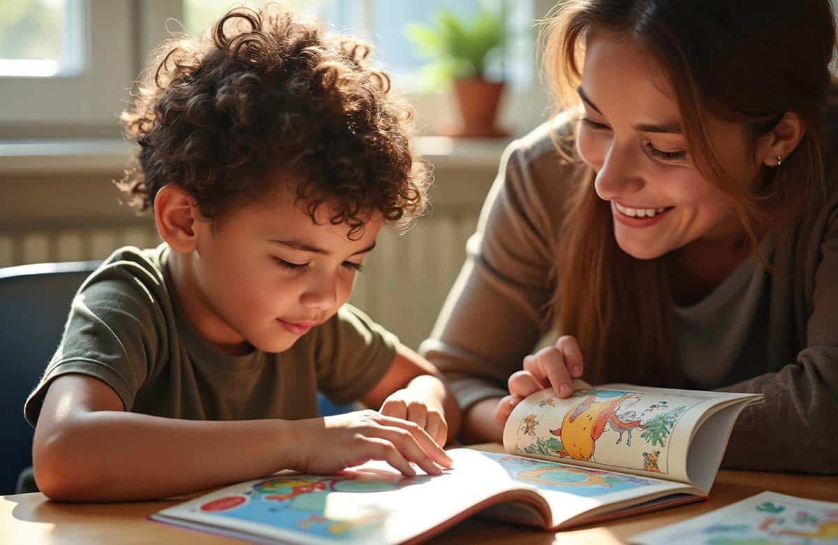 enfant en train de lire un livre avec sa maitresse à l'école annonciation annecy